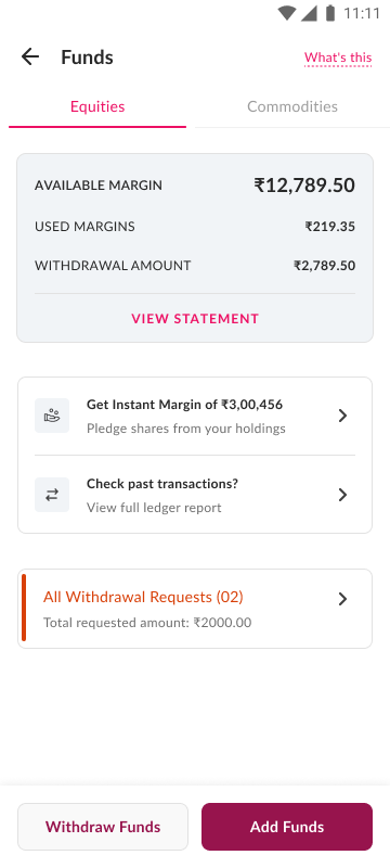 Axis Direct funds and margin screen