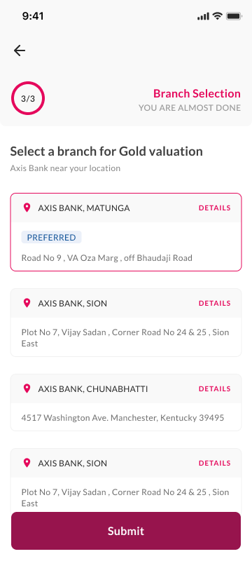 Branch selection screen, step 3 of 3, choosing an Axis Bank branch for gold valuation
