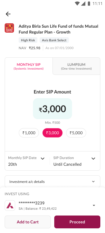 The redesigned order page, with the SIP amount front and centre and account details tucked away until needed